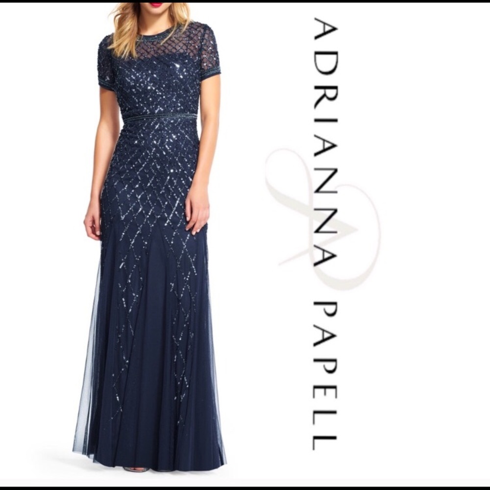 Adrianna Papell navy cap sleeve beaded gown
